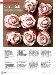 an article about red velvet rolls with white frosting on top and the title in the magazine