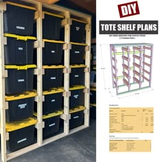 the shelves are full of storage bins with yellow handles and black containers on them