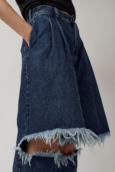 High waist jean with split knee and pieced front panels that mimic cut-off shorts. Four pocket construction, zip fly closure, and belt loops. Ksenia Schnaider, No 6, Women's Wear, Cut Off Shorts, Socks And Hosiery, Vintage Cotton, Star Fashion, Medium Blue, High Waist Jeans