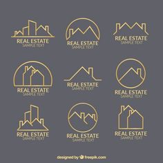 real estate logo templates in gold and gray colors on a dark background with white text