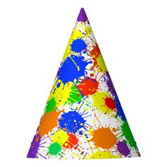 a party hat with paint splatters on it