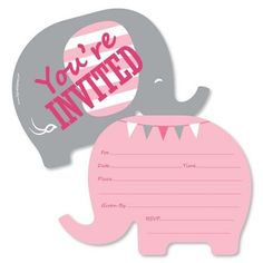 an elephant with a hat on it's head is next to a pink party card