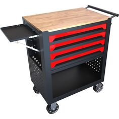 a black and red cart with drawers on wheels