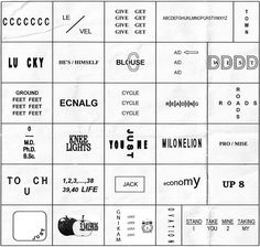 a black and white photo of many different types of logos on paper with words written in them