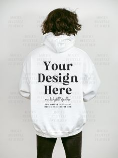 a person wearing a white hoodie with the words your design here on it