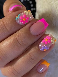 24pcs Long Square Baby Pink French Flowers Print Fake Nail Press On Nails False | eBay Cute Gel Designs, August Bday Nails, Cute Flower French Tip Nails, Nail Acrylics Ideas, Flower Nail Tips, Nail Ideas Designs Summer, Cute Nails For Kids 9-10 Summer, Cute Preppy Nails Pink, Nail For Kids Cute