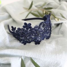 "Beautiful and lovely navy embroidery with a gunmetal blue beaded lace headband. The base is a navy satin-covered 10mm plastic headband that is light and comfortable fitting. Lace is approx  3\" wide x 8\" long. Most girls 7 years to adult women fit this headband.  If you have any questions, please feel free to contact me. Thanks :)     ♥ ♥ ♥ ♥ ♥ ♥ ♥ ♥ ♥ ♥ ♥ ♥ ♥ ♥ See more by lovelikestyle lovelikestyle.etsy.com ♥ ♥ ♥ ♥ ♥ ♥ ♥ ♥ ♥ ♥ ♥ ♥ ♥ ♥" Lace Party Headband, Lace Headband For Party, Elegant Lace Hair Accessories With Adjustable Fit, Elegant Lace Adjustable Headband, Elegant Adjustable Lace Headband, Elegant Lace Hair Accessories With Matching Headband, Gunmetal Blue, Navy Embroidery, Headband Bridal