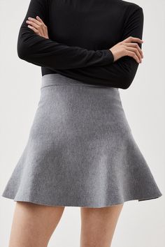 Feel Confident In Our Mini Skirt, Made In Knit Fabric, Featuring An Ultra Minimal Design, With A High Waistline That Flares At The Thighs. Style It With A T-Shirt And Block Heels Or Ankle Boots For A Look Perfect For Days Out, Then Wear It With The Matching Top, Heeled Boots Or Strappy Heels For An Evening Look. Compact Wool Look Knit Flippy Mini Skirt High Quality, Soft Knit Fabric Feminine Flared Silhouette Comfortable High Waistline Matching Top Sold Separately Flare Effect, Skirt Collection, High Waisted Flares, Knit Long Sleeve, Gray Skirt, Karen Millen, Matching Top, Fashion Face, Strappy Heels