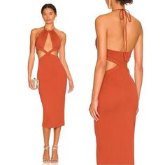 Camila Coelho Rida Midi Dress In Redwood Jersey Halter Cut Out Revolve M Nwt Halterneck Styling With Tie Closure Front Cut-Out Stretch Ponte Fabric 57% Rayon, 35% Nylon, 8% Spandex Dry Clean Only Double Lined Revolve Style No. Coel-Wd219 Manufacturer Style No. Ccd410 S22 Size Medium New With Tags Earthy Terracotta Color Bundle 2 Or More Items Together To See How Much You’ll Save. Items Are From A Smoke-Free And Pet-Free Home. Please Check Out My Closet For New Arrivals! L209 Earthy Terracotta, Tube Midi Dress, Teal Tie, Terracotta Color, Orange Midi Dress, Revolve Dresses, Zebra Dress, Yellow Midi Dress, Midi Slip Dress