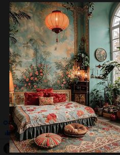 a bedroom with a large bed covered in red and orange pillows next to potted plants