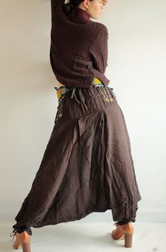 "One of our all time Favorites! made from mix silk fabric. A blend of 75% cotton/15% rayon/10% raw silk. It is easy to care for same cotton (machine wash cold, tumble dry low, hang dry in shade) and have a luxe shine like silk. Elegant Funky fun design. The pants is drawstring waist with tie in the front. Gathered on the waist in accordion pleats in the full front. Looks beautiful and elegant. The back has shirring smock to accommodate many waist sizes. Lovely ruffle bottom made with 3 meters of Silk Image, Funky Pants, Big Legs, Harem Pant, Hippie Pants, Design Grafico, Womens Pants, Crochet Hair Styles, Garden Styles