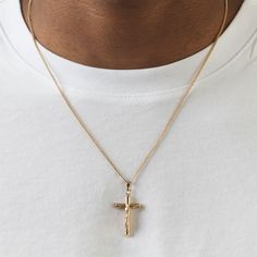 This crucifix pendant necklace is a stylish and meaningful accessory that showcases your faith and complements any outfit. Expertly crafted from durable materials, the pendant features intricate detailing and a striking design that's sure to catch the eye. Gold Micro Cuban Chain Included Reinforced Lobster Clasp Water, Sweat and Heat Resistant Premium 316 L Stainless Steel Base No Discoloring or Tarnishing Hypoallergenic - No Green Skin Pendant Size: 1.6" Spiritual Cross Necklace, Spiritual Cross Necklace With Adjustable Chain, Men Chain, Green Skin, Silver Chain For Men, Mens Gold Jewelry, Heavy Chain, Pendant Necklace Gold, Jewelry Accessories Ideas