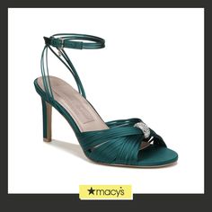 in stock Evening Heels, Pnina Tornai, Green Satin, Comfortable Sandals, Dress Sandals, Dress And Heels, Green Fabric, Strap Dress, Metallic Leather