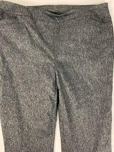 Propecy Pants Size 10P Color: black with almost a silver in it Material: rayon, nylon, polyester and spandex Super comfortable, elastic waistband Bag 18q JN Metallic Stretch Bottoms With Elastic Waistband, Casual Metallic Bottoms With Elastic Waistband, Metallic Stretch Casual Pants, Casual Metallic Stretch Pants, Elegant Stretch Silver Bottoms, Silver Stretch Bottoms For Fall, Silver Stretch Bottoms For Spring, Silver Straight Leg Bottoms For Fall, Fitted Silver Bottoms With Pockets