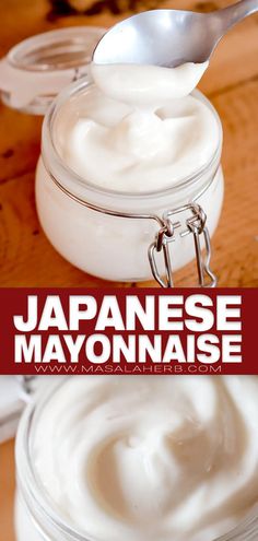 there is a spoon in a jar with mayonnaise on it