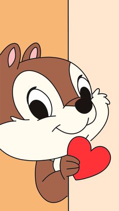 a cartoon squirrel holding a heart behind a wall