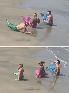 two pictures of people on the beach one with a mermaid tail