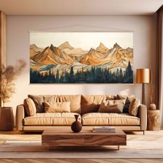 a living room filled with furniture and a painting on the wall