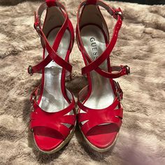 Never Worn! I Have A Box But Not The Original. Trendy Red Sandals With Removable Insole, Red Open Heel Wedge Sandals For Spring, Red Sandals With Buckle Closure For Spring, Trendy Red Sandals With Buckle Closure, Red Heels With Buckle Closure, Red Open Toe Wedge Sandals With Buckle Closure, Red Open Toe Wedge Sandals With Buckle, A Box, Lady In Red