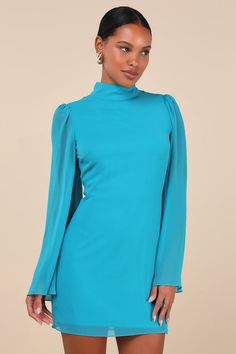 We promise that everyone will be obsessed with the flawlessness of the Lulus Guaranteed Chicness Teal Blue Mock Neck Mini Dress! Lightweight woven chiffon shapes this cute and elegant dress that features semi-sheer, bell-style long sleeves with gathering at the shoulders and a classy mock neck (that secures with bottom-loop closures at the back). The figure-skimming, fit-and-flare silhouette falls to a breezy mini hem. Keyhole cutout and hidden zipper/clasp at back. Fit: This garment fits true t Blue A-line Chiffon Evening Dress, Fitted Sheer Chiffon Mini Dress, Feminine Fitted Long Sleeve Chiffon Dress, Knee-length Chiffon Mini Dress For Evening, Fitted Chiffon Dress For Dress Down Occasions, Fitted Long Sleeve Chiffon Dress For Brunch, Chic Sheath Dress With Sheer Sleeves, Chic Fitted Chiffon Dress For Casual Wear, Fitted Long Sleeve Chiffon Dress For Casual Wear