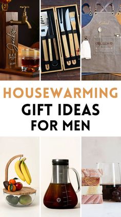 the words housewarming gift ideas for men are shown above pictures of kitchen utensils