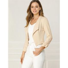 Be perfectly polished in this Regular Fit notch-lapel blazer designed in solid color and crop length. Show off your business style in this Allegra K notched lapel crop blazer. Style it with your trousers and heels to be a spotlight. This smart collarless blazer features an angled hem that is shorter in the back for a fashionably cool look. Classic OL style, you can wear it year-round. Fall Blazer For Office Lady, Office Wear Solid Color Notch Lapel Blazer, Fitted Solid Color Blazer For Office, Lapel Collar Solid Color Blazer For Business Casual, Business Casual Solid Color Blazer, Fitted Notch Lapel Blazer In Solid Color, Fitted Solid Color Blazer With Notch Lapel, Business Casual Solid Color Blazer With Lapel Collar, Fitted Blazer With Notch Lapel In Solid Color