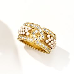 Ross-Simons - C. 1990 Vintage .50ct t. w. Diamond, Seed Pearl Ring in 14kt Yellow Gold. Size 6.5. C. 1990. Emitting enough elegance to catch any eye, this Estate collection ring is the perfect finishing touch for any formal ensemble. Features a band decorated with seed pearls, whose smooth surfaces shine under the illumination of sparkling .50 ct. t. w. round brilliant-cut diamond borders. Crafted in brushed and polished 14kt yellow gold. 1/4" wide. Seed pearl and diamond ring. Exclusive, one-of-a-kind Estate Jewelry. Pearl birthstones are the perfect gift for June birthdays. Gold Rings With Rose Cut Diamonds For Evening, Gold Rings With Single Cut Diamonds For Evening, Elegant Collectible Jewelry With Single Cut Diamonds, Vintage Round Jewelry With Pave Setting, Classic Gold Diamond Ring For Evening, Vintage Jewelry With Pave Setting For Formal Occasions, Anniversary Pearl Ring With Single Cut Diamonds, Classic Pearl Ring With Diamonds For Anniversary, Gold Pearl Ring With Diamond Accents For Anniversary