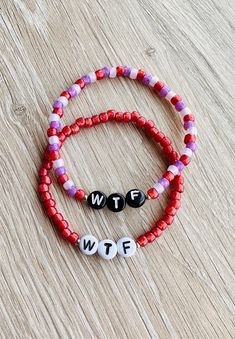 Awesome! Amazing! Our latest arrival. WTF bracelet | custom bracelet | word bracelet | at $15.00. #NameBeads #GlassBeads #BeadBracelets #CustomBracelet #beads #handmade #WTF #rainbow Swear Word Bracelet, Black And White Letters, Fun Bracelet, Word Bracelet, Custom Bracelet, Small Bracelets, Diy Bracelet Designs, Color Beads, Red Orange Yellow