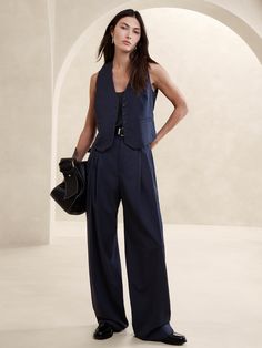 Siena Italian Wool Vest | Banana Republic Women Tailored Vest Outfits, Women’s Suit Wedding, Blue Formal Outfit For Women, Suit With Vest Woman, Artist Work Outfit, Women Suit Vest Outfit, Masc Vest Outfit, Androgynous Graduation Outfit, Vest Pant Suit Women