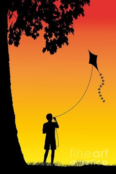 a person flying a kite under a tree on a sunset background with the sun going down