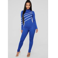 Available In Royal Blue Jumpsuit Back Zipper High Neck Contrasting Piping 67% Viscose 28% Nylon 5% Spandex Blue Elastane Jumpsuits And Rompers, Blue High Stretch Elastane Bodysuit, High Stretch Blue Elastane Bodysuit, Blue High Stretch Bodysuit For Spring, High Stretch Blue Bodysuit For Night Out, Raven Fashion, Royal Blue Jumpsuit, Royal Blue Fashion, Blue Jumpsuit