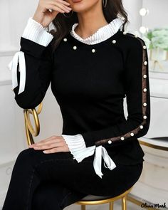 Olivia Mark - Exquisite Ruffled Cuff Blouse with Intricate Beaded Accents Elegant Stretch Blouse For Winter, Dip Hem Blouse, Blouse Size Chart, Lantern Sleeved Blouses, Beaded Blouse, Sleeves Designs For Dresses, Embellished Blouse, Blouse Material, Designs For Dresses