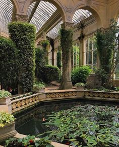 a pond surrounded by water lilies and greenery in a glass walled garden area