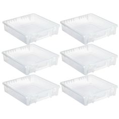 six plastic storage boxes with lids