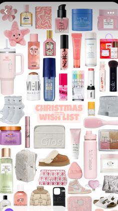 an image of christmas wishlist items displayed on a white background with pink and blue accents