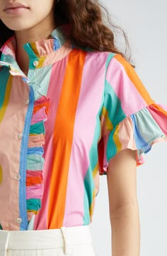 A crisp cotton blouse goes in for the charm with ripples of ruffles embellishing the placket and sleeves. 26" length (size Medium) 100% cotton Dry clean Imported Cool Blouses, Funky Office Outfits, Fun Blouses, Colorful Business Casual, Preppy Street Style, Circus Event, Toothpaste Kisses, Alternate Fashion, Eclectic Clothing Style