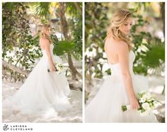 a woman in a wedding dress is walking through the sand and holding a flower bouquet