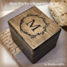 a wooden box with the letter n on it next to some bread and other items