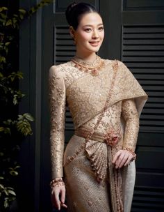 Thai Sivalia costume is seen at events such as royal ceremonies or traditional wedding dress in modern days. Our teams has spent more than 15 years experience doing this craftmanship by ancient handmade embroidery technique following our predecessors. This dress normally takes at least 3-5 months to be finished made by more than 5 embroiderers working together. Package Contents:  1 Dress Materials: Premium Lace, Authentic Brocade Silk, Premium Bead How to body measurement: After Placing order, w Thai Wedding Dress Traditional, Thailand National Costume, Thai Dresses, Khmer Dress, Thai Wedding Dress, Thai Costume, Traditional Wedding Dress, Thai Fashion, Bridesmaid Ideas