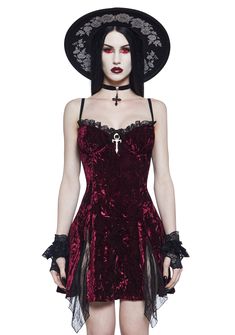 Widow Crushed Velvet Mini Dress With Black Lace - Wine Red Velvet Lingerie, Vampire Dress, Velvet Dress Short, Red Dolls, Vampire Costume, Victorian Goth, Velvet Mini Dress, Goth Dress, Mini Slip Dress