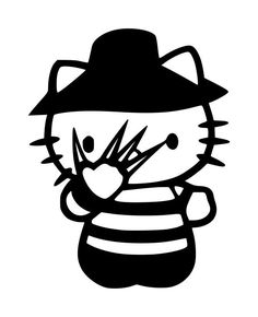 a black and white drawing of a hello kitty with a hat on it's head