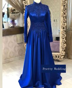 Royal Blue Formal Occasion Dresses Long Sleeves Evening Royal Blue Evening Gown, Royal Blue Gown, Muslim Evening Dresses, Handmade Wedding Dresses, Formal Occasion Dress, Top Satin, Long Sleeve Evening Gowns, Dubai Style, Long Sleeve Gown