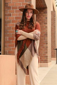 Color Block Tasseled Poncho Ponchos Rust/Mocha Sorority Rush Dresses, Casual Bodysuit, Bachelorette Dress, Rush Dresses, Dressy Tops, Brim Hat, A Blanket, Womens Casual Outfits, Winter Looks