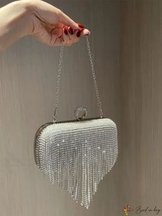 BirdinBag - Stylish Rhinestone and Fringe Mini Evening Bag: Ideal for Weddings, Proms, and Parties Elegant Evening Bag With Rhinestone Fringe, Silver Rhinestone Shoulder Bag For Wedding, Silver Bags With Rhinestone Fringe For Formal Occasions, Silver Rhinestone Fringe Bag For Formal Occasions, Formal Silver Bag With Rhinestone Fringe, Silver Crystal Bag For Prom, Silver Bag With Rhinestone Fringe For Events, Silver Bags With Rhinestone Fringe For Events, Silver Bag