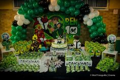 a st patrick's day themed birthday party with balloons and decorations for the table