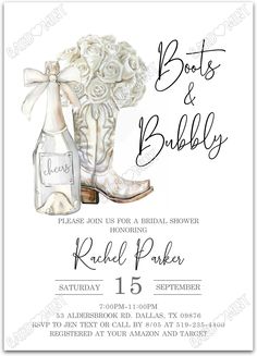 the boots and bubbles bridal shower party card