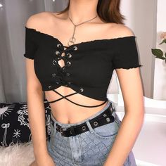 hollow out cross bandage off shoulder tees Black Stretch Crop Top For Concert, Fitted Crop Top For Concert, Trendy Short Sleeve Crop Top For Concerts, Black Cotton Crop Top For Concert, Black Short Sleeve Top For Concert, Black Crop Top For Concert, Edgy Black Tops For Spring, Casual Black Crop Top For Concert, Spring Black Crop Top