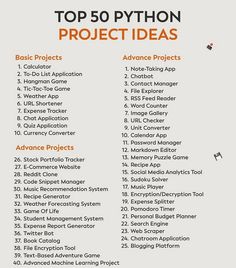 the top 50 python project ideas list is shown in orange and black, with text that reads