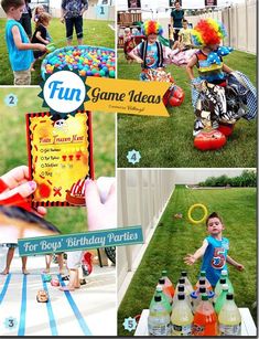 a collage of photos showing children playing games in the yard and on their lawn