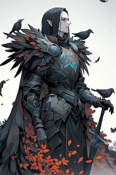 an illustration of a man in armor with crows on his shoulder